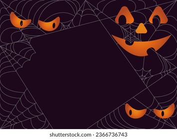 Frame pattern with scary spiders web on dark background for Halloween greeting cards decoration vector
