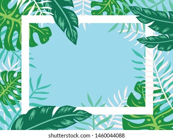 frame pattern of tropical leaves on sky background.