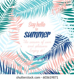 Frame pattern of Tropical palm leaves. Greeting card, invitation for summer beach party, flyer. Vector illustration. Flat design style