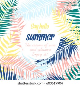 Patrón de marco de hojas de palma tropicales. Tarjeta de saludo, invitación a la fiesta de verano en la playa, volante. Ilustración vectorial. Estilo de diseño plano