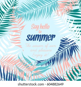 Frame pattern of Tropical palm leaves. Greeting card, invitation for summer beach party, flyer. Vector illustration. Flat design style