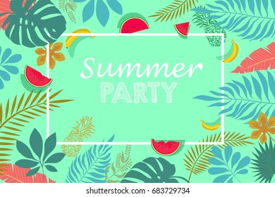 Frame pattern of tropical palm leaves, tropical floral with fruits. For greeting card, invitation for summer beach party. Vector illustration.