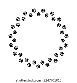 Frame paw pattern. Cute circle border dog or cat. Black footprint boarder isolated on white background. Mark animal frames. Silhouette step for design prints. Footmark lines. Vector illustration