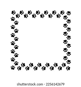 Frame paw pattern. Cute square border dog or cat. Black footprint boarder isolated on white background. Mark animal frames. Silhouette step for design prints. Footmark lines. Vector illustration