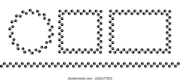 Frame paw pattern. Cute zoo border dog or cat. Black footprint boarder isolated on white background. Mark animal frames. Silhouette step for design prints. Abstract footmark lines. Vector illustration