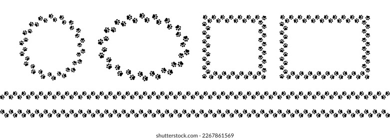 Frame paw pattern. Cute zoo border dog or cat. Black footprint boarder isolated on white background. Mark animal frames. Seamless border for design prints. Abstract footmark steps. Vector illustration