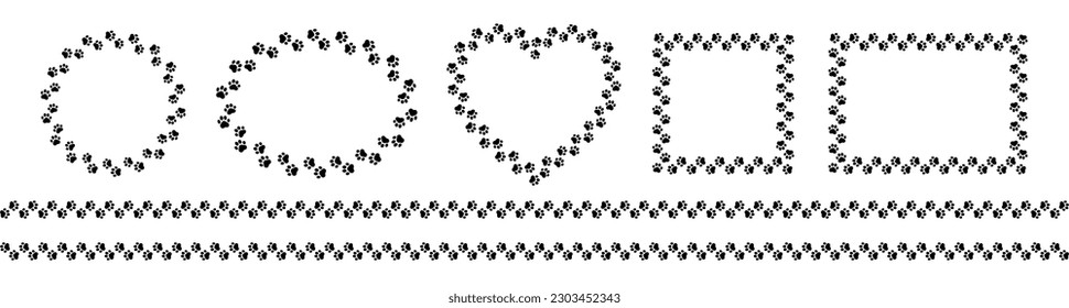 Frame paw pattern. Cute zoo border dog or cat. Black footprint boarder isolated on white background. Mark animal frames. Seamless border for design prints. Abstract footmark steps. Vector illustration