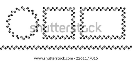 Frame paw pattern. Cute zoo border dog or cat. Black footprint boarder isolated on white background. Mark animal frames. Silhouette step for design prints. Abstract footmark lines. Vector illustration