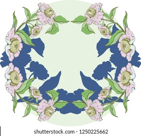 Frame with Peony in chinoiserie style. Vector ink hand drawing illustration. Colorful and  blue silhouette.