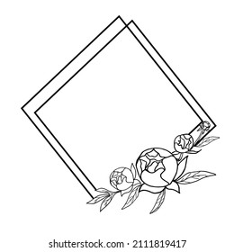 Frame with peony flowers. Floral botanical garland of foliage and flowers. Illustration. Vector design.