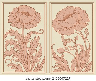 Marco con una peonía en el estilo de Art Nouveau victoriano. Hermosa peonía moderna composición floral vintage 1920-1930 años. Diseño de Vector.