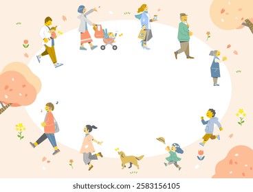 Frame of people enjoying cherry blossoms - Colorful and fun watercolor illustration