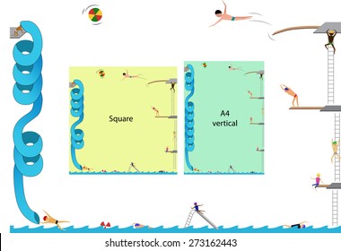 Frame, people playing in the swimming pool, "A4" horizontal and vertical or square frame