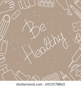 Frame of pharmacy items. Template for shop window design, card, packaging. Vector illustration. Lettering.