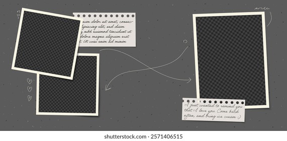 Frame photo collage with arrow and heart elements. Vintage vector template featuring cement wall background and paper note layout.