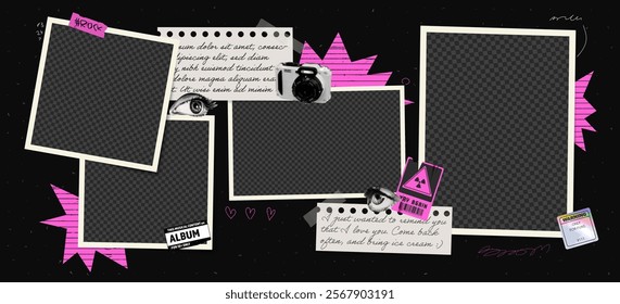 Frame photo collage with pink burst, attention mark, rock sticker and halftone camera elements.  Vintage vector template featuring paper note layout, scratches, tape and mockup on a wall background.