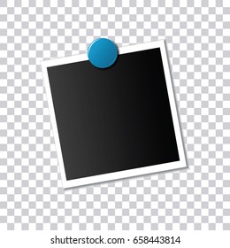 Frame for a photo suspended with a button or a magnet on a transparent background. Template for your projects. Vector illustration.