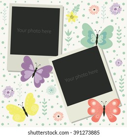 Frame for photos  with cute butterflies, flowers and herbs.Tenderness, softness. Nature, spring. Baby,child, kid