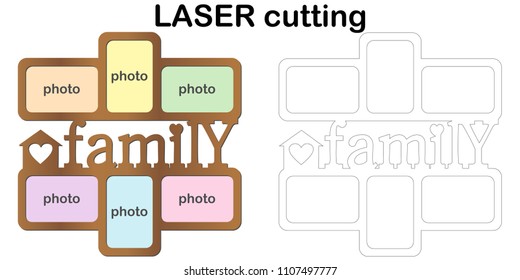 Frame for photos with inscription 'Family' for laser cutting. Collage of photo frames. Template laser cutting machine for wood and metal