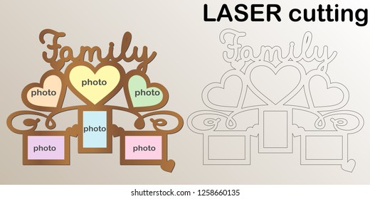 Frame for photos with inscription 'Family' for laser cutting. Collage of photo frames. Template laser cutting machine for wood and metal. The perfect gift for St. Valentine's Day or Wedding day.