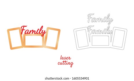 Frame for photos with inscription Family for laser cutting. Collage of photo frames. Template laser cutting machine for wood and metal. The perfect gift for St. Valentine's Day or Wedding day