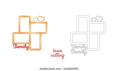 Frame for photos with inscription Family for laser cutting. Collage of photo frames. Template laser cutting machine for wood and metal. The perfect gift for St. Valentine's Day or Wedding day