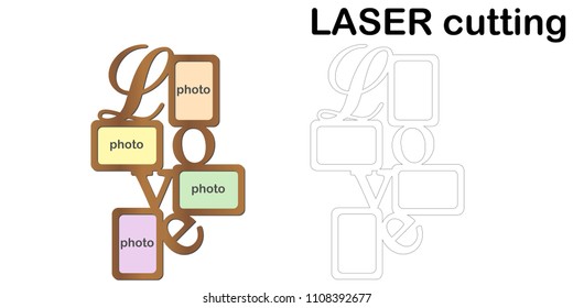 Frame for photos with inscription 'Love' for laser cutting. Collage of photo frames. Template laser cutting machine for wood and metal.