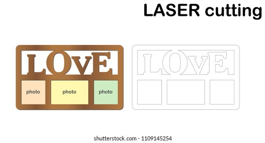 Frame for photos with inscription 'Love' for laser cutting. Collage of photo frames. Template laser cutting machine for wood and metal