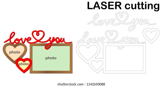 Frame for photos with inscription 'Love' for laser cutting. Collage of photo frames. Template laser cutting machine for wood and metal. The perfect gift for St. Valentine's Day.
