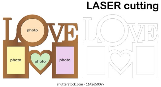 Frame for photos with inscription 'Love' for laser cutting. Collage of photo frames. Template laser cutting machine for wood and metal. The perfect gift for St. Valentine's Day.