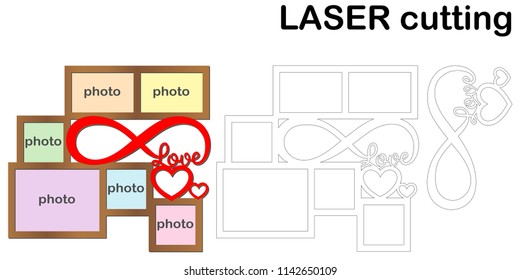 Frame for photos with inscription 'Love' for laser cutting. Collage of photo frames. Template laser cutting machine for wood and metal. The perfect gift for St. Valentine's Day.