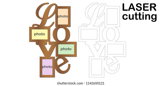 Frame for photos with inscription 'Love' for laser cutting. Collage of photo frames. Template laser cutting machine for wood and metal. The perfect gift for St. Valentine's Day.