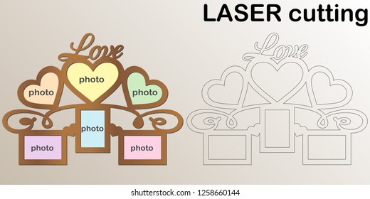 Frame for photos with inscription 'Love' for laser cutting. Collage of photo frames. Template laser cutting machine for wood and metal. The perfect gift for St. Valentine's Day or Wedding day.
