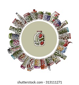 Frame with pickle jars, fruits and vegetables. Vector illustration