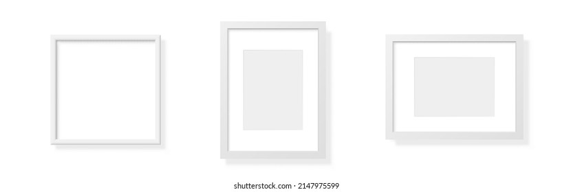 Frame picture mockup collection. Realistic white frame with soft shadow. Clean picture template set. Interior blanks with border on white background. Vector illustration.