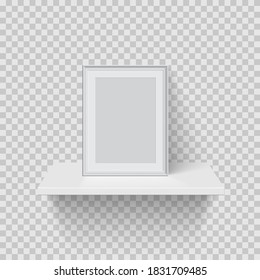 Frame for picture on white shelf. Blank space for picture, painting, card or photo. 3d realistic modern template vector illustration. Simple office object on transparent background.