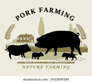Rahmen mit Schweinefarmobjekten Silhouetten und Text für Produktetiketten. Vektorgrafik.	