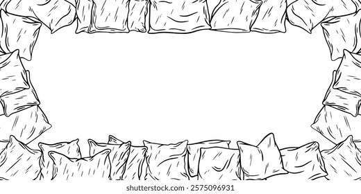 Frame of pillows, hand drawn pencil sketch illustration. Vector background isolated on white.