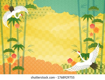 frame of pine, bamboo, plum and crane with Japanese patterns