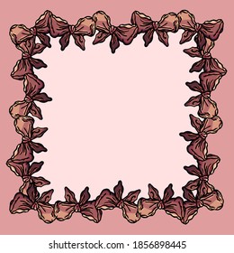 Frame of pink bows, square, pink background, cartoon style, banner, poster, invitation, postcard, card, party, empty space, text space advertising, signboard, greetings, celebration, holiday, feast