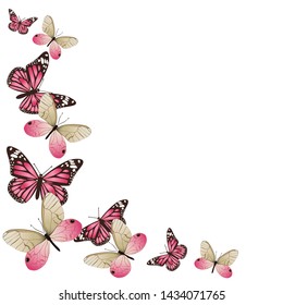Frame of pink butterflies in flight. Isolated on white background. Vector graphics.