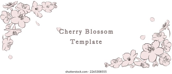 Frame of pink cherry blossoms and petals on white background. Vector illustration.