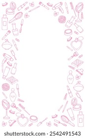 frame of pink drawings of cosmetics and perfumes, hand drawn on a white background.