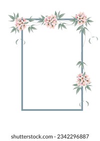 Frame with pink flower bunch, cherry blossom, on white background. Vector illustration.