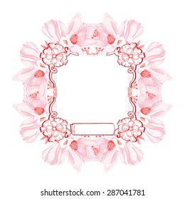 Frame with pink flowers and a roll.