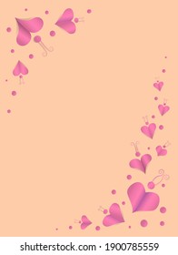 Frame with pink hearts in the form of butterflies and pink circles on a beige background