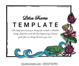 Frame with Pink lotus ant Water. Hand drawn round line border, leaves and flowers, wedding invitation and cards, logo design and posters template. Elegant style floral. EPS vector.