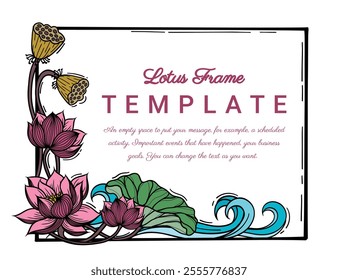 Frame with Pink lotus ant Water. Hand drawn round line border, leaves and flowers, wedding invitation and cards, logo design and posters template. Elegant style floral. EPS vector.