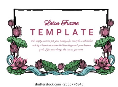 Frame with Pink lotus ant Water. Hand drawn round line border, leaves and flowers, wedding invitation and cards, logo design and posters template. Elegant style floral. EPS vector.