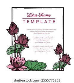 Frame with Pink lotus. Hand drawn round line border, leaves and flowers, wedding invitation and cards, logo design and posters template. Elegant style floral. EPS vector.